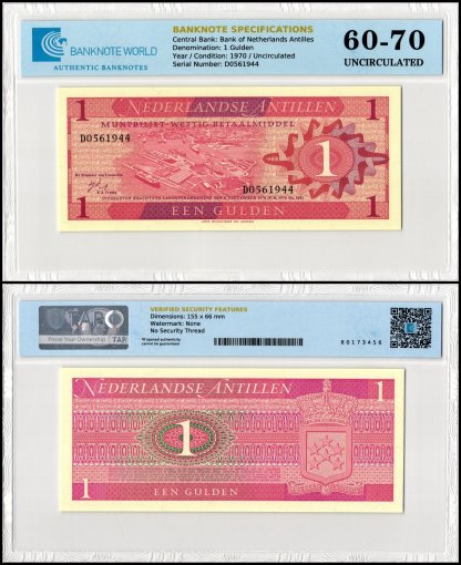 Netherlands Antilles 1 Gulden Banknote, 1970, P-20, UNC, TAP 60-70 Authenticated