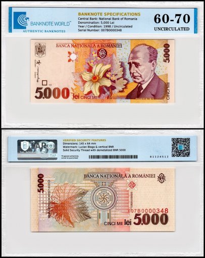 Romania 5,000 Lei Banknote, 1998, P-107a, UNC, TAP 60-70 Authenticated
