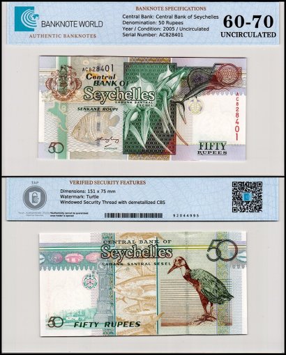 Seychelles 50 Rupees Banknote, 2005 ND, P-39A, UNC, TAP 60-70 Authenticated