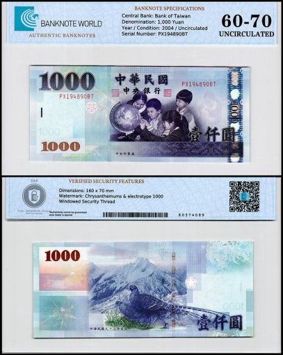 Taiwan 1,000 Yuan Banknote, 2004, P-1997, UNC, TAP 60-70 Authenticated