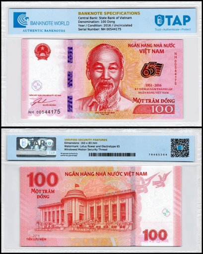 Vietnam 100 Dong Banknote, 2016, P-125, UNC, Commemorative, TAP Authenticated