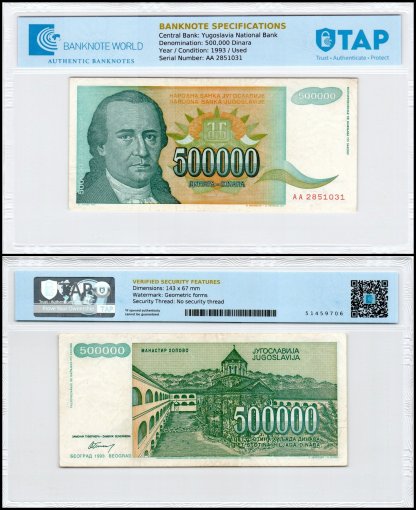 Yugoslavia 500,000 Dinara Banknote, 1993, P-131, Used, TAP Authenticated
