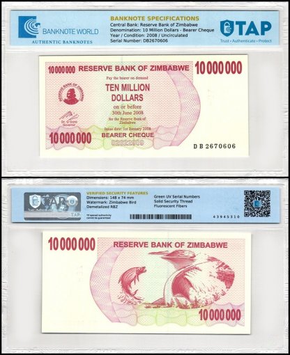 Zimbabwe 10 Million Dollars Bearer Cheque, 2008, P-55b, UNC, TAP Authenticated