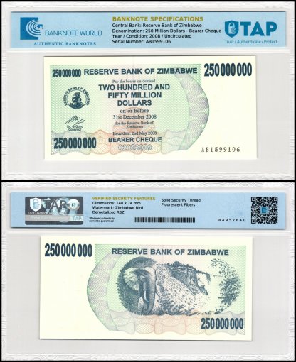 Zimbabwe 250 Million Dollars Bearer Cheque, 2008, P-59, UNC, TAP Authenticated