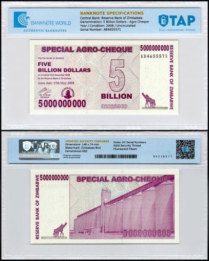 Zimbabwe 5 Billion Dollars Special Agro Cheque, 2008, P-61, UNC, TAP Authenticated