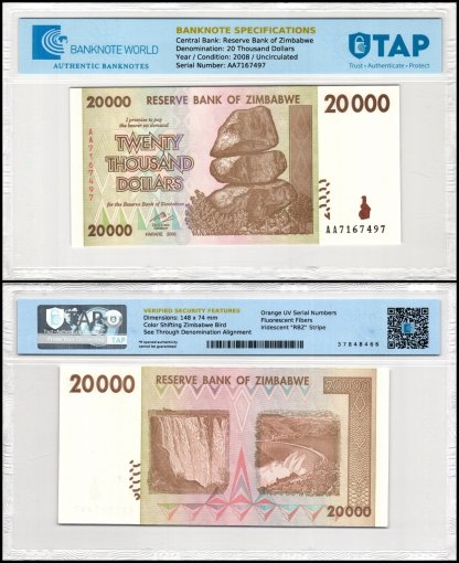 Zimbabwe 20,000 Dollars Banknote, 2008, P-73a, UNC, TAP Authenticated