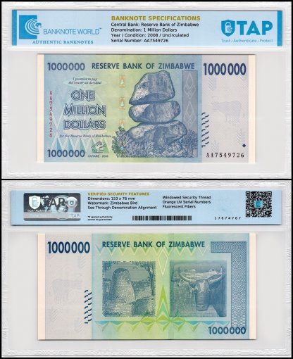 Zimbabwe 1 Million Dollars Banknote, 2008, P-77, UNC, TAP Authenticated