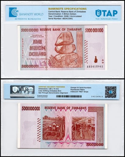 Zimbabwe 5 Billion Dollars Banknote, 2008, P-84, UNC, TAP Authenticated