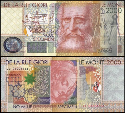 Thomas De La Rue, Giori Le Mont 2000 Test Note, Leonardo Da Vinci, Specimen