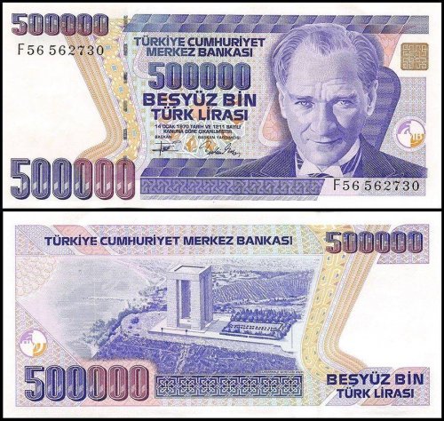 Turkey 500,000 Lira Banknote, 1993, P-208c, UNC, Prefix-F