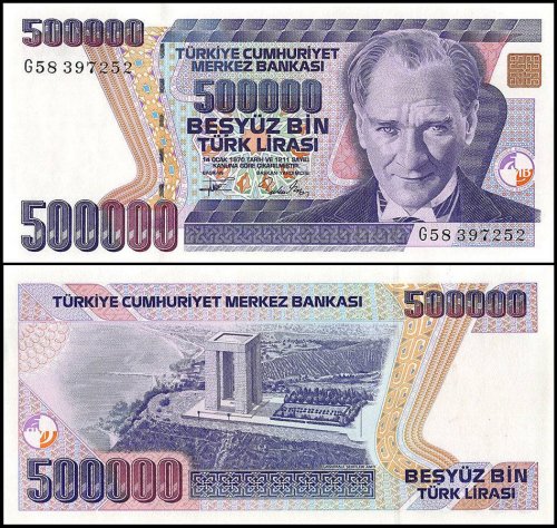 Turkey 500,000 Lira Banknote, 1993, P-208c, UNC, Prefix-G