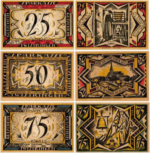 Twistringen 25 - 75 Pfennig 3 Pieces Notgeld Set, 1921, Mehl #1349.1, UNC