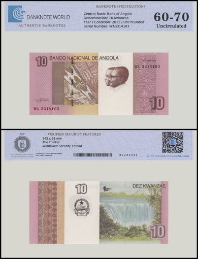Angola 10 Kwanzas Banknote, 2012, P-151B, UNC, TAP 60-70 Authenticated