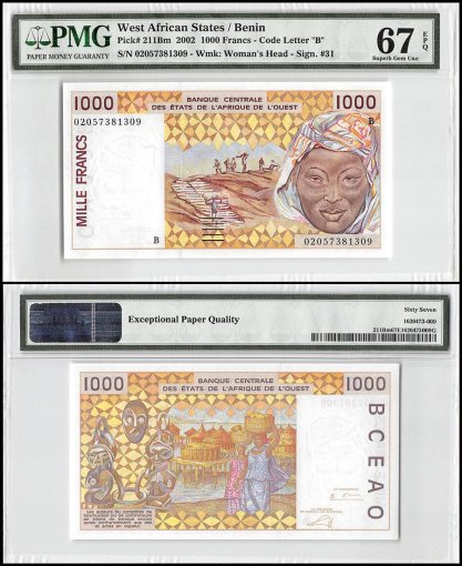 West African States (Benin) 1,000 Francs, 2002, P-211Bm, PMG 67