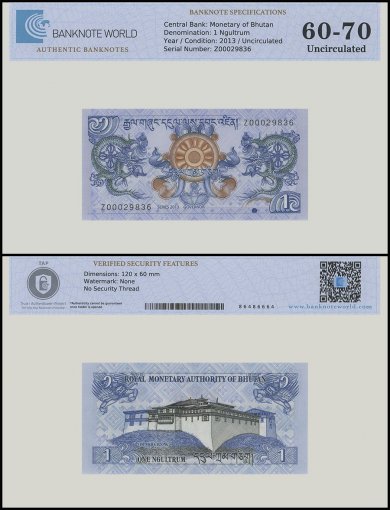Bhutan 1 Ngultrum Banknote, 2013, P-27bz, UNC, Replacement, TAP 60-70 Authenticated