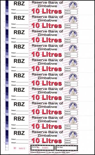 Zimbabwe 10 Liters Petrol/Diesel Gas Ration Coupon, UNC