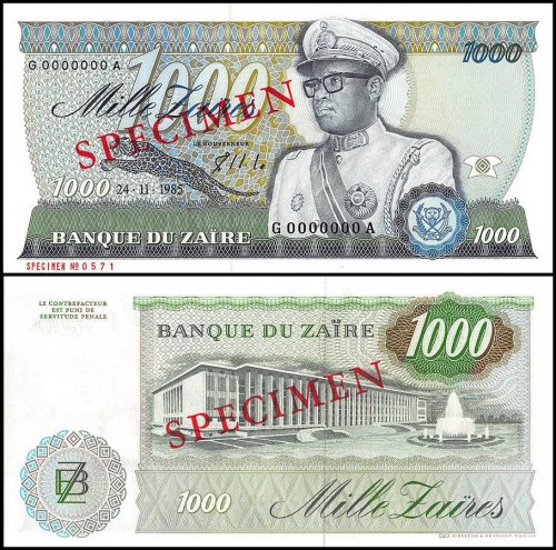 Zaire 1,000 Zaires Banknote, 1985, P-31s, UNC, Specimen