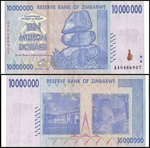 Zimbabwe 10 Million Dollars Banknote, 2008, P-78, USED, 50 &100 Trillion Series