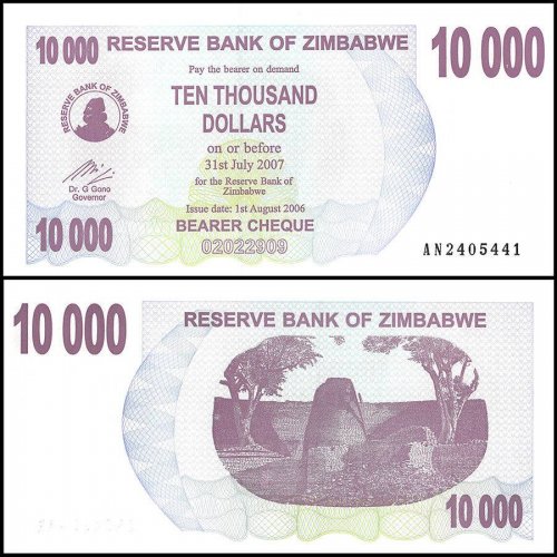 Zimbabwe 10,000 Dollars Bearer Cheque, 2006, P-46, UNC