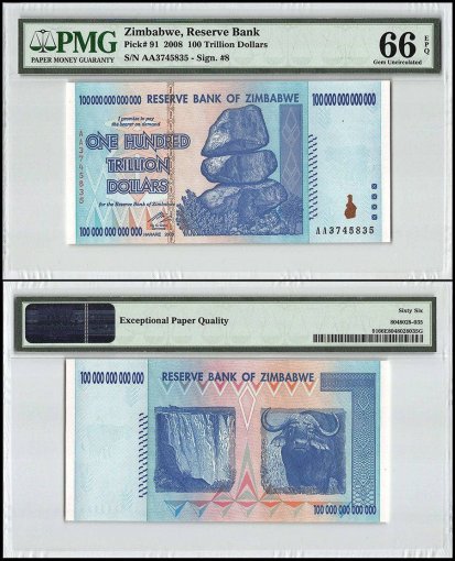 Zimbabwe 100 Trillion Dollars, 2008, P-91, UNC, PMG 66