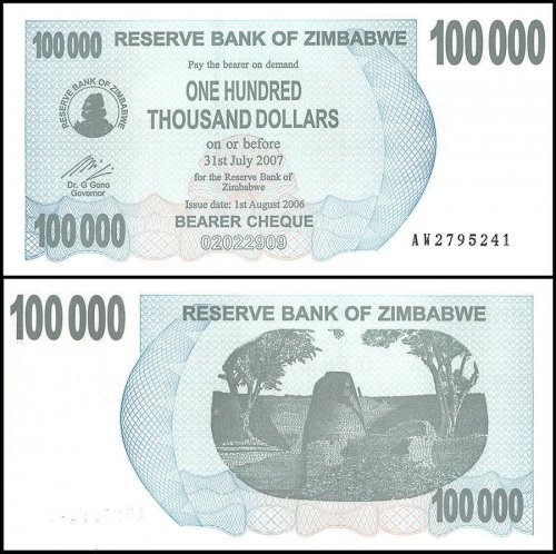 Zimbabwe 100,000 Dollars Bearer Cheque, 2006, P-48, UNC