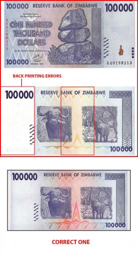 Zimbabwe 100,000 Dollars Banknote, 2008, P-75, UNC, Back Printing Errors
