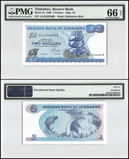 Zimbabwe 2 Dollars, 1983, P-1b, PMG 66