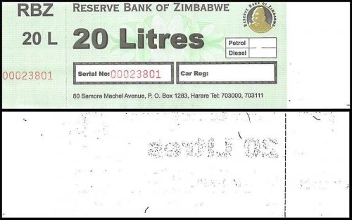 Zimbabwe 20 Litres Petril/Diesel Gas Ration Coupon, UNC