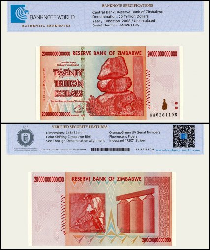 Zimbabwe 20 Trillion Dollars Banknote, 2008, P-89, UNC, TAP Authenticated