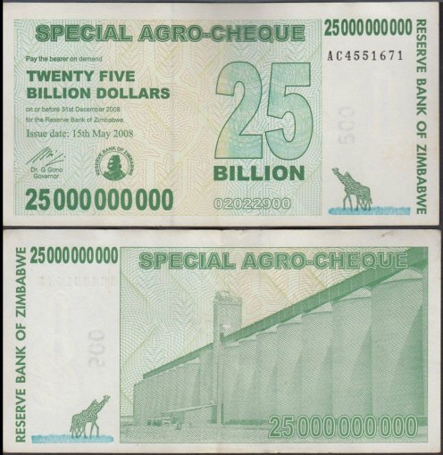Zimbabwe 25 Billion Dollars Special Agro Cheque, 2008, P-62, Used