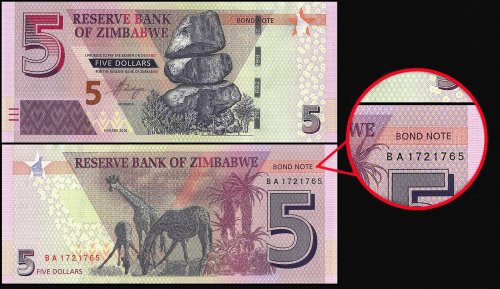 Zimbabwe 5 Dollars Banknote, 2016, P-100, UNC, Bond Note