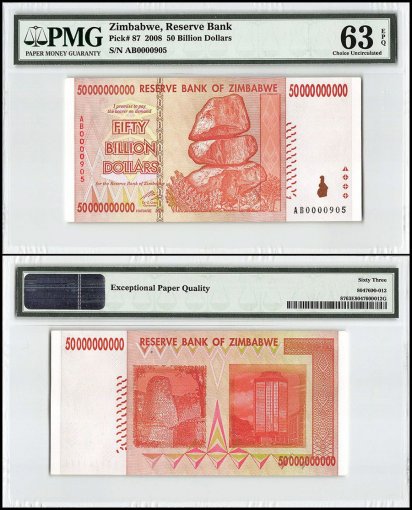 Zimbabwe 50 Billion Dollars, 2008, P-87, Low Serial #, PMG 63
