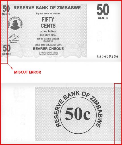 Zimbabwe 50 Cents Bearer Cheque, 2006, P-36, UNC, Error