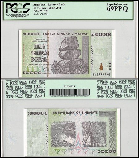 Zimbabwe 50 Trillion Dollars, 2008, P-90, PCGS 69 PPQ
