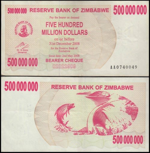 Zimbabwe 500 Million Dollars Bearer Cheque, 2008, P-60, Used