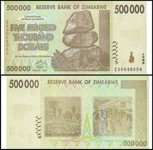 Zimbabwe 500,000 Dollars Banknote, 2008, P-76az, Used, Replacement