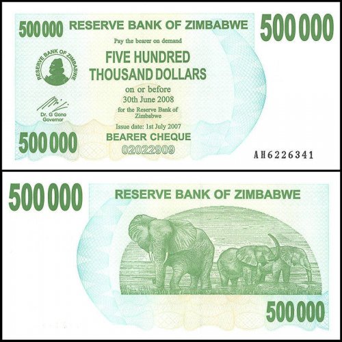 Zimbabwe 500,000 Dollars Bearer Cheque, 2007, P-51, UNC