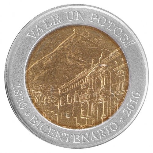 Bolivia 15 g Bi-Metallic Coin, 2010, Mint, Bicentenario de Potosi, Bldg,Mountain
