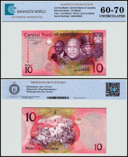 Lesotho 10 Maloti Banknote, 2010, P-21a, UNC, TAP 60-70 Authenticated