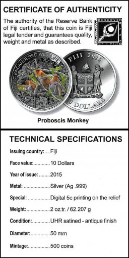 Fiji 10 Dollars 62.2 g Silver .999 Coin, 2015, Mint, Proboscis Monkey, Wildlife