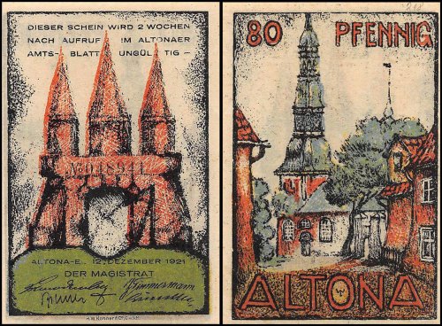 Germany 20 - 80 Pfennig Notgeld 6 Pieces (PCS) Set,1921,UNC,Altona Stadt,Hamburg