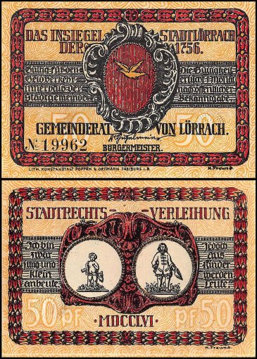 Germany 50 Pfennig Notgeld 6 Pieces (PCS) Set, 1922, UNC,Lörrach Stadt,City,Bird