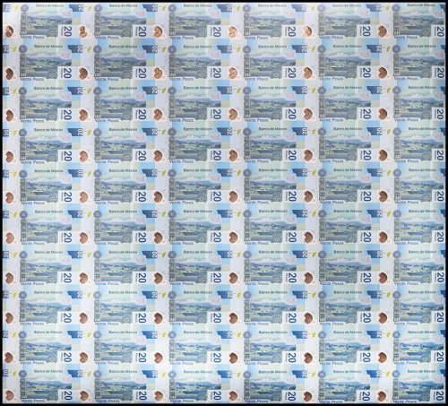 Mexico 20 Pesos Banknote 60 Pieces - PCS, 2016, P-122n, UNC,Series-Z,Uncut Sheet
