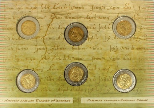 Mexico $5 Pesos 6 Pieces (PCS) Coin Set, 2009, Mint, Independence w/ Folder