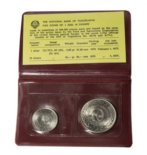Yugoslavia 1 - 10 Dinars 2 Pieces - PCS Coin Set, 1976, KM # 61-63, Mint, W/ COA