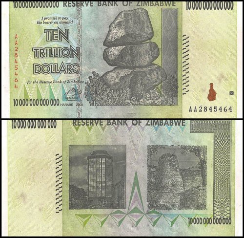 Zimbabwe 10 Trillion Dollars Banknote, 2008, P-88, USED, Miscut Error, Rocks