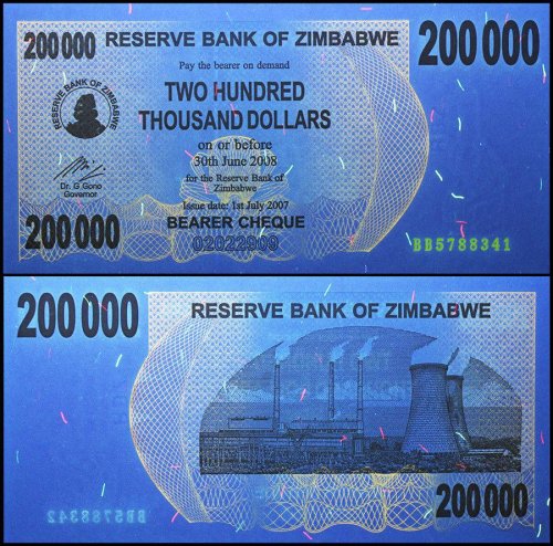 Zimbabwe 200,000 (200000) Dollars Banknote, 2007, P-49, USED