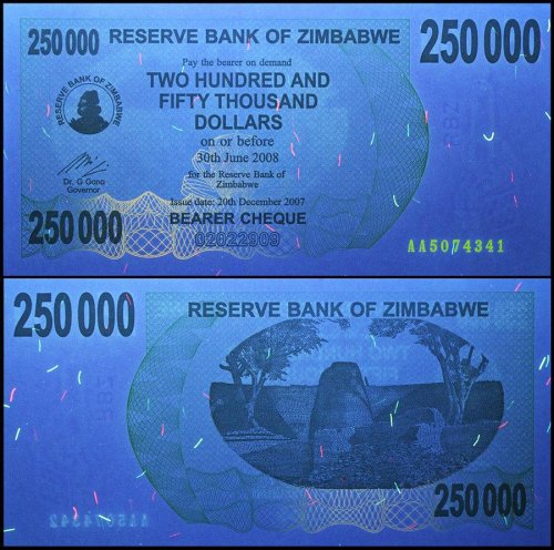 Zimbabwe 250,000 (250000) Dollars Bearer Cheque, 2007, P-50, UNC