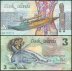 Cook Islands 3 Dollars Banknote, 1987, P-3a, UNC, STAINED, Shark, Fishing Canoe, God of Te-Rongo Statue