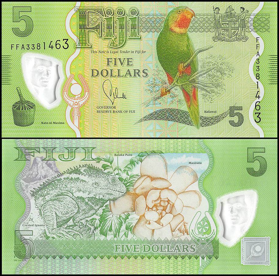 Fiji 5 Dollars Banknote, 2013, P-115, UNC, Kulawai Bird, Iguana